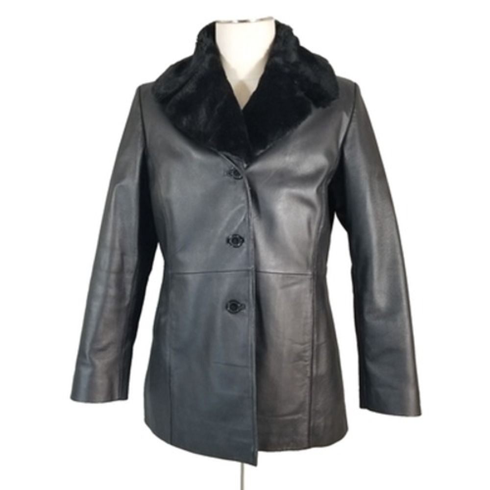 Worthington Leather Coat Womens Large Black Lined removable fur collar Insulated
